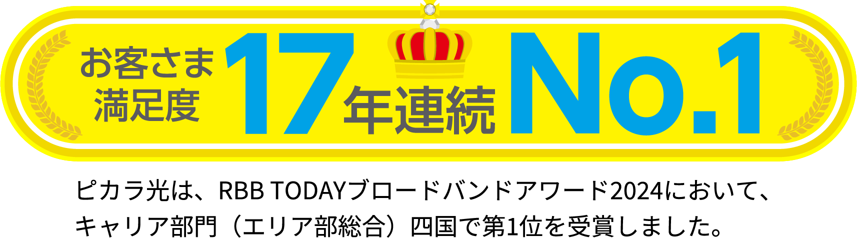 お客さま
満足度17年連続No.1ピカラ光は、RBB TODAYブロードバンドアワード2024において、キャリア部門（エリア部総合）四国で第1位を受賞しました。
