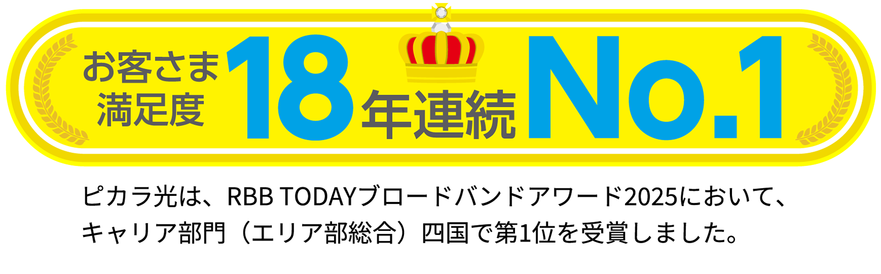 お客さま
満足度18年連続No.1 ピカラ光は、RBB TODAYブロードバンドアワード2025において、キャリア部門（エリア部総合）四国で第1位を受賞しました。