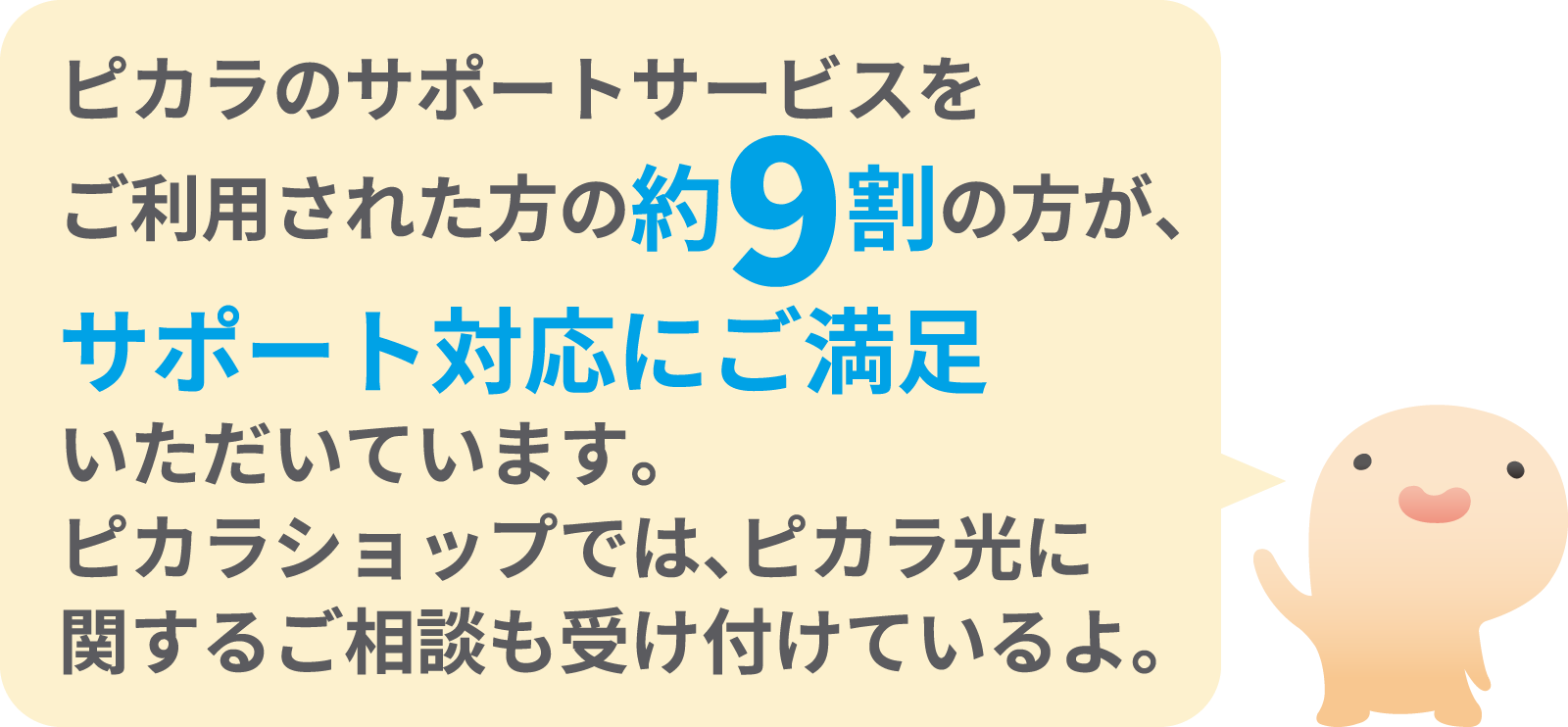 ピカラのサポートサービスをご利用された方の約9割の方が、サポート対応にご満足いただいています。ピカラショップでは、ピカラ光に関するご相談も受け付けているよ。