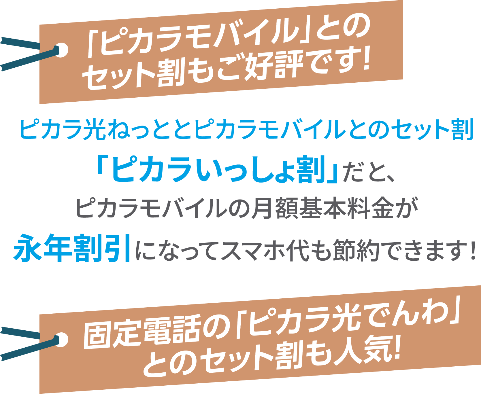 「ピカラモバイル」とのセット割もご好評です！　ピカラ光ねっととピカラモバイルとのセット割「ピカラいっしょ割」だと、ピカラモバイルの月額基本料金が永年割引になってスマホ代も節約できます！　固定電話の「ピカラ光でんわ」とのセット割も人気！