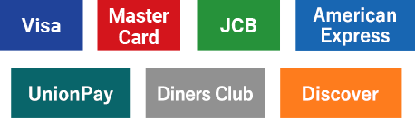 Visa、MasterCard、JCB、AmericanExpress、UnionPay、DinersClub、Discover