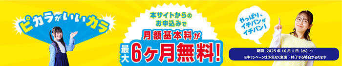 ピカラがいいカラ 本サイトからのお申込みで月額基本料が最大6ヶ月無料！ 2025年10月1日～ ※キャンぺーンは予告なく変更・終了する場合があります。