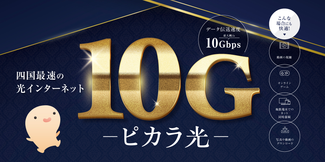 四国最速の光インターネット 10G新登場！ピカラ光　データ通信速度最大概ね10Gbps　こんな場合にも快適♪　動画の視聴、オンラインゲーム、複数端末でのネット同時接続、写真や動画のダウンロード