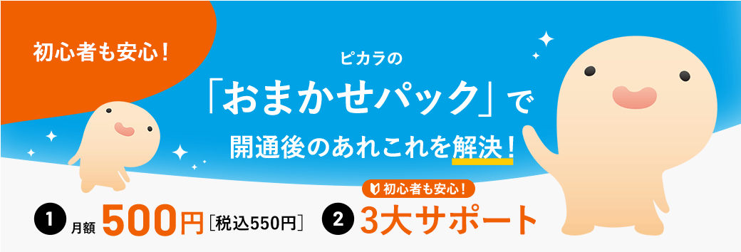 初心者も安心！ピカラの「おまかせパック」で開通後のあれこれを解決！1.月額500円 [税込550円] 2.初心者も安心！3大サポート