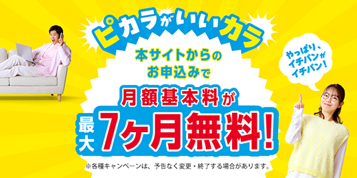 ピカラ公式サイトからのお申込みで、ピカラ光が最大7ヶ月無料！キャンペーン期間：各キャンペーン期間は、キャンペーンページをご確認ください