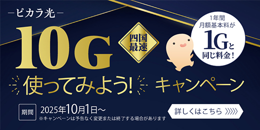 「10G使ってみよう！キャンペーン」で、ピカラ光10Gが1年間ピカラ光1Gと同じ月額基本料に！キャンペーン期間：2025年10月1日～終了日未定
