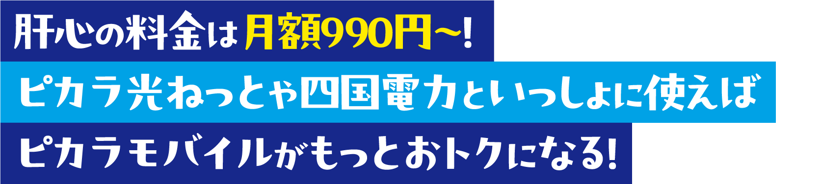 肝心の料金は月額990円〜！ピカラ光ねっとや四国電力といっしょに使えばピカラモバイルがもっとおトクになる！