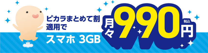 ピカラまとめて割適用でスマホ3GB月々990円税込