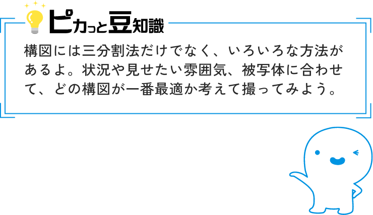 ピカっと豆知識　構図には三分割法だけでなく、いろいろな方法があるよ。状況や見せたい雰囲気、被写体に合わせて、どの構図が一番最適か考えて撮ってみよう。