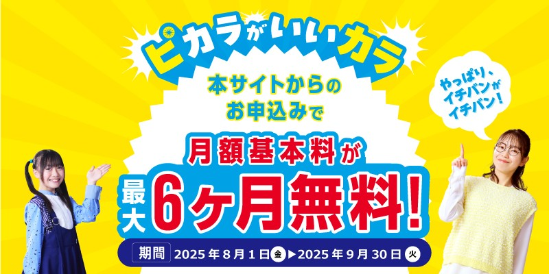 【ピカラ光ねっと】〈公式サイト限定キャンペーン〉月額基本料が最大6ヶ月無料！