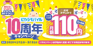 【ピカラモバイル】10周年キャンペーン開催中！スマホ3GBが3ヶ月間月額110円！！