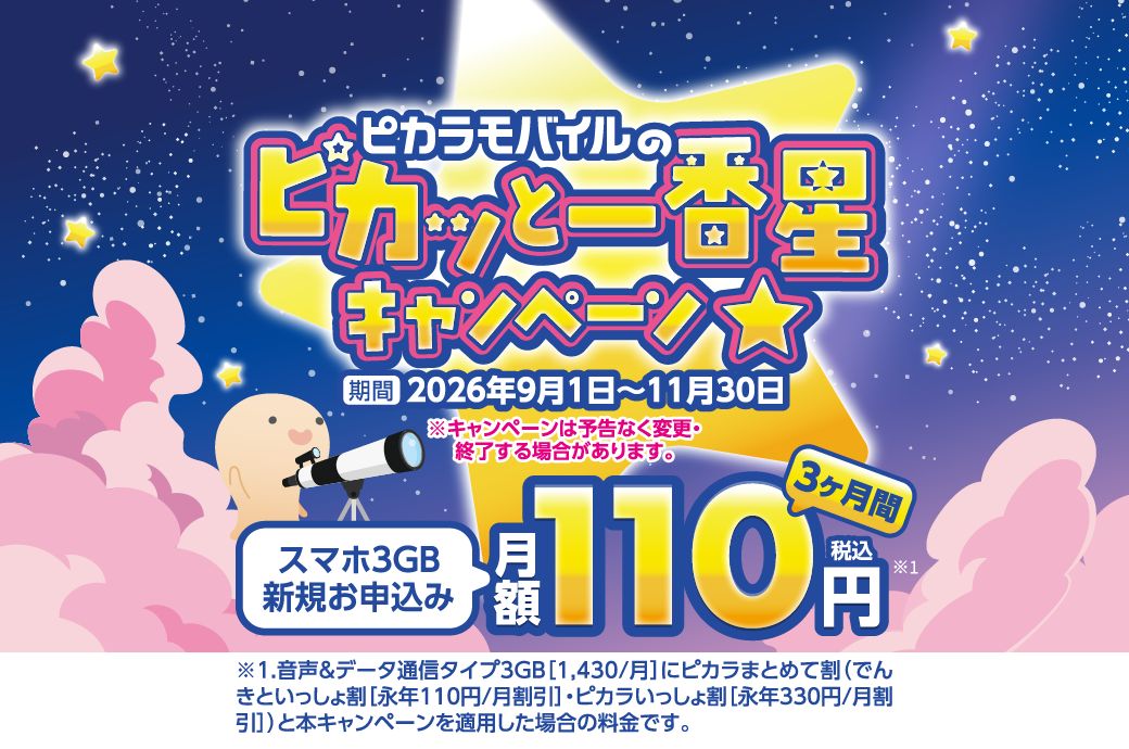 ピカラモバイルのピカッと一番星キャンペーン 期間 2026年9月1日～11月30日 ※キャンペーンは予告なく変更・終了する場合があります。スマホ3GB新規お申込みが3ヶ月間月額110円（税込）※1.音声&データ通信タイプ3GB［1,430/月］にピカラまとめて割（でんきといっしょ割［永年110円/月割引］・ピカラいっしょ割［永年330円/月割引］）と本キャンペーンを適用した場合の料金です。